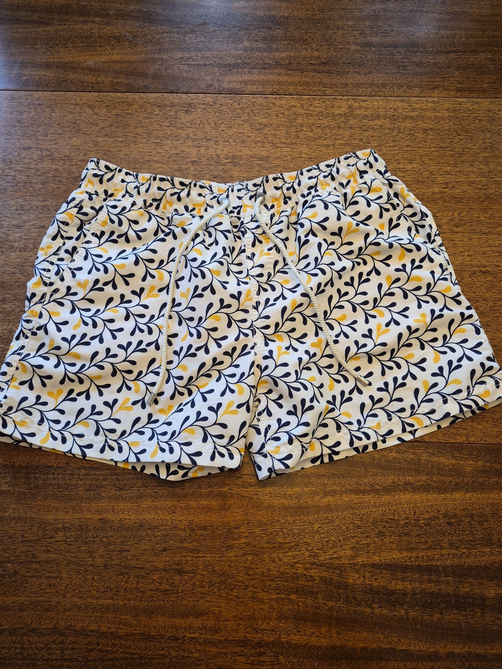 ATALAYE Men's White Swim Trunks with Navy Leaf Print and Yellow Accents size L